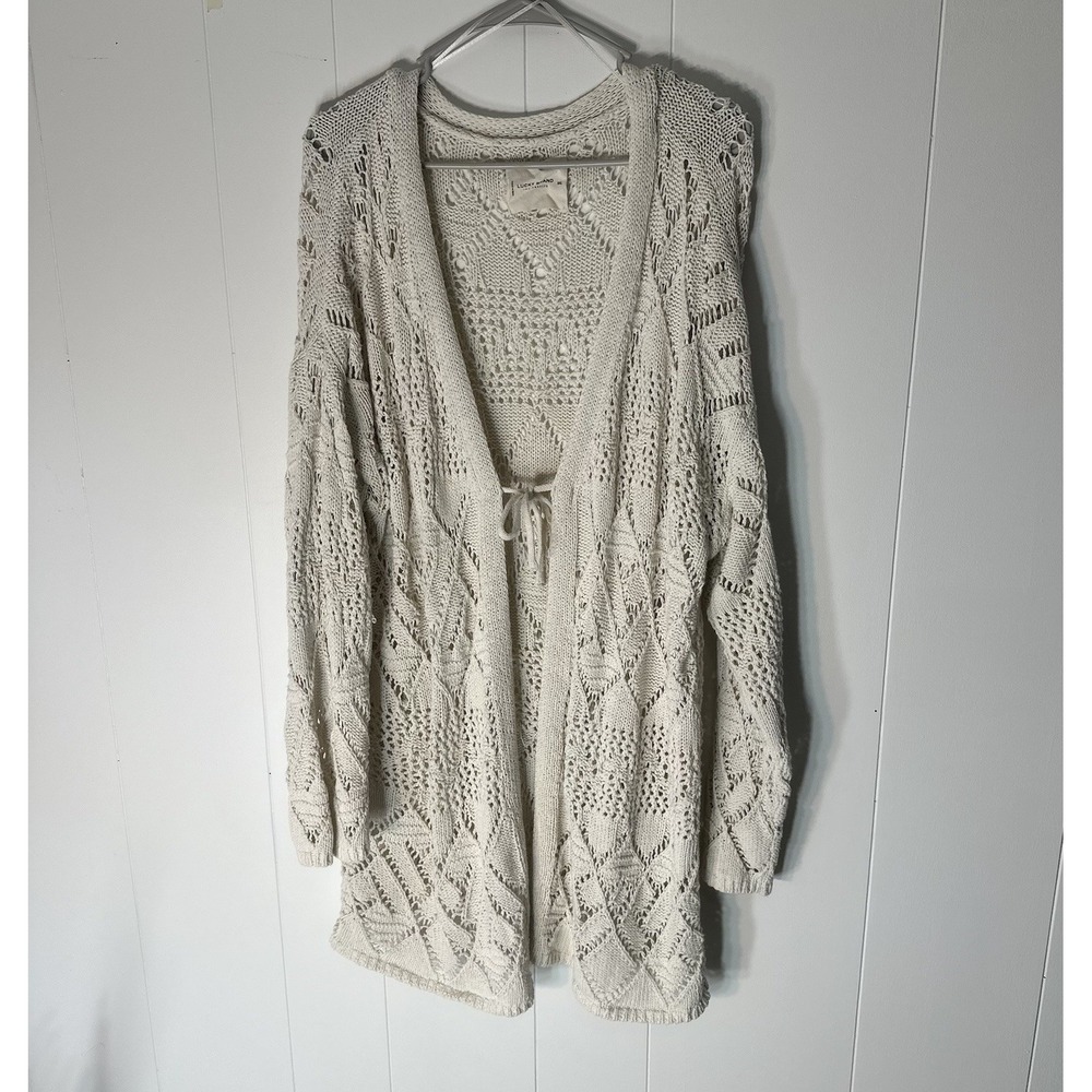 Lucky Brand Open Knit Cardigan XXL Cream Boho Crochet Tie Front Long Sleeve
